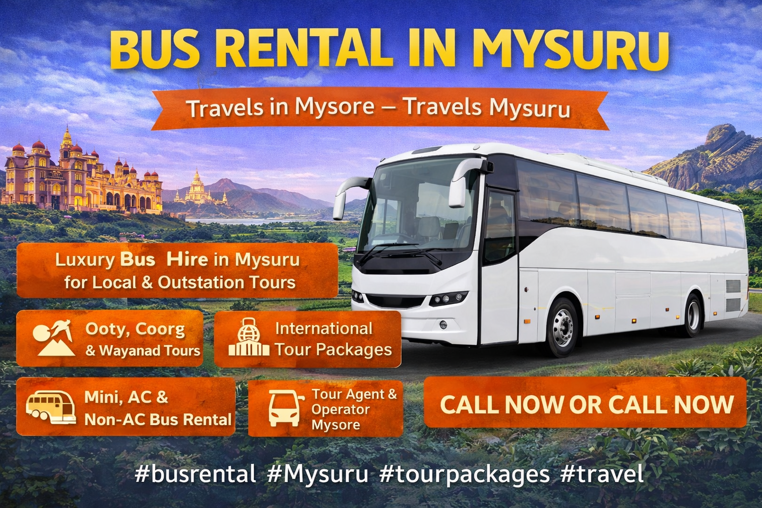 Bus rental in Mysuru by Travels In Mysore – trusted travel agent and tour operator in Mysore offering luxury, AC and non-AC bus hire for tours