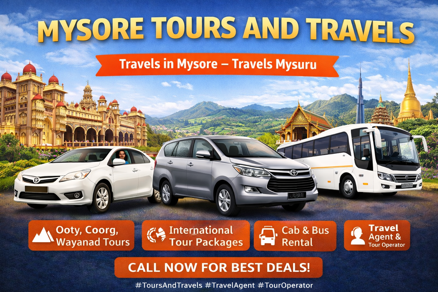 Mysore tours and travels in Mysuru by Travels in Mysore – travel agent and tour operator offering Ooty, Coorg, Wayanad and international tour packages