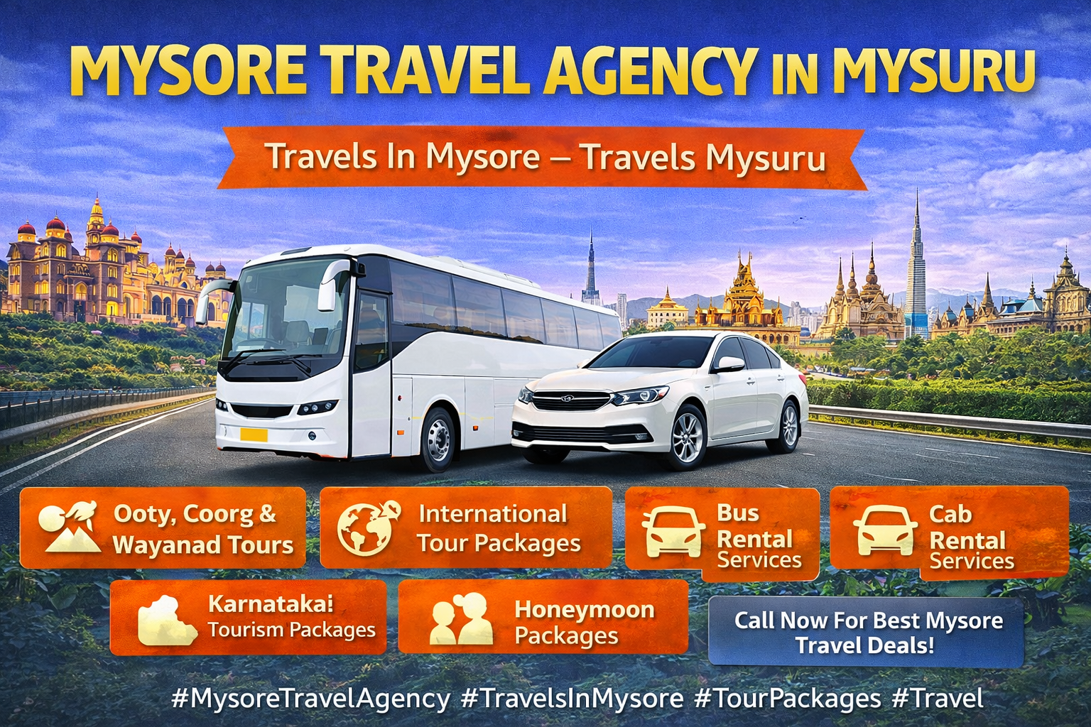 Mysore travel agency in Mysuru offering Ooty, Coorg, Wayanad tour packages with cab rental and bus rental services by Travels In Mysore – Travels Mysuru