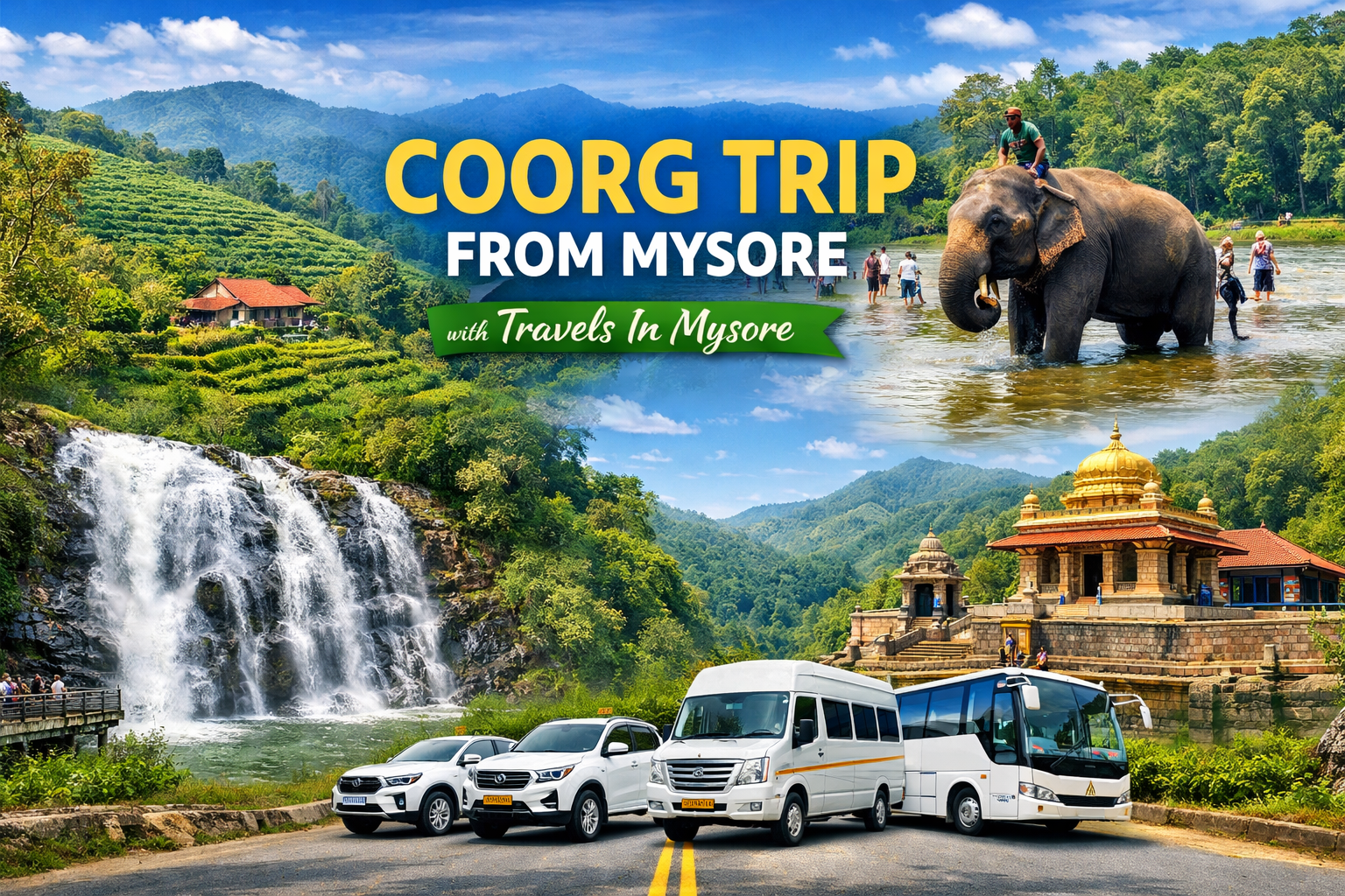 Coorg trip from Mysore featuring Abbey Falls, Dubare Elephant Camp, Talakaveri and comfortable cab, tempo traveller and bus rental by Travels In Mysore