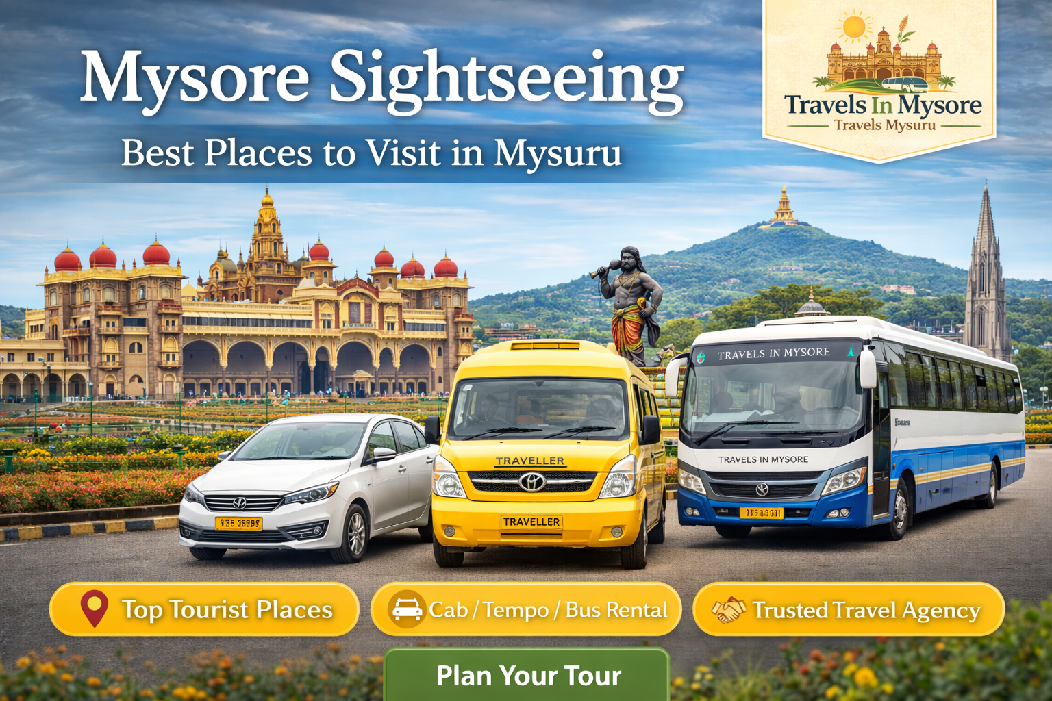 Mysore sightseeing tour covering Mysore Palace, Chamundi Hill and top tourist places with Travels In Mysore