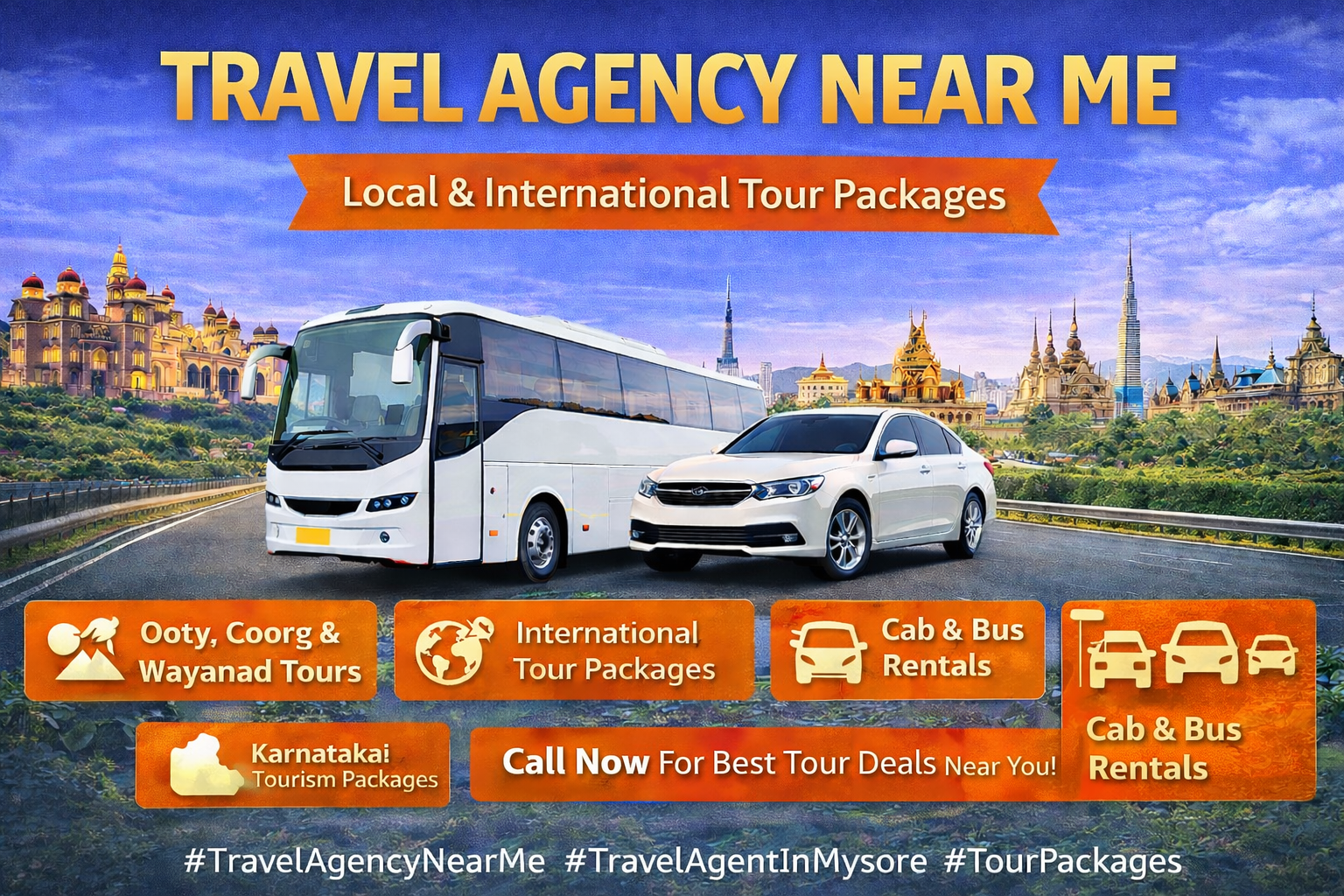 Travel agency near me in Mysuru offering Ooty, Coorg, Wayanad tour packages, international tours, cab and bus rental services by Travels In Mysore