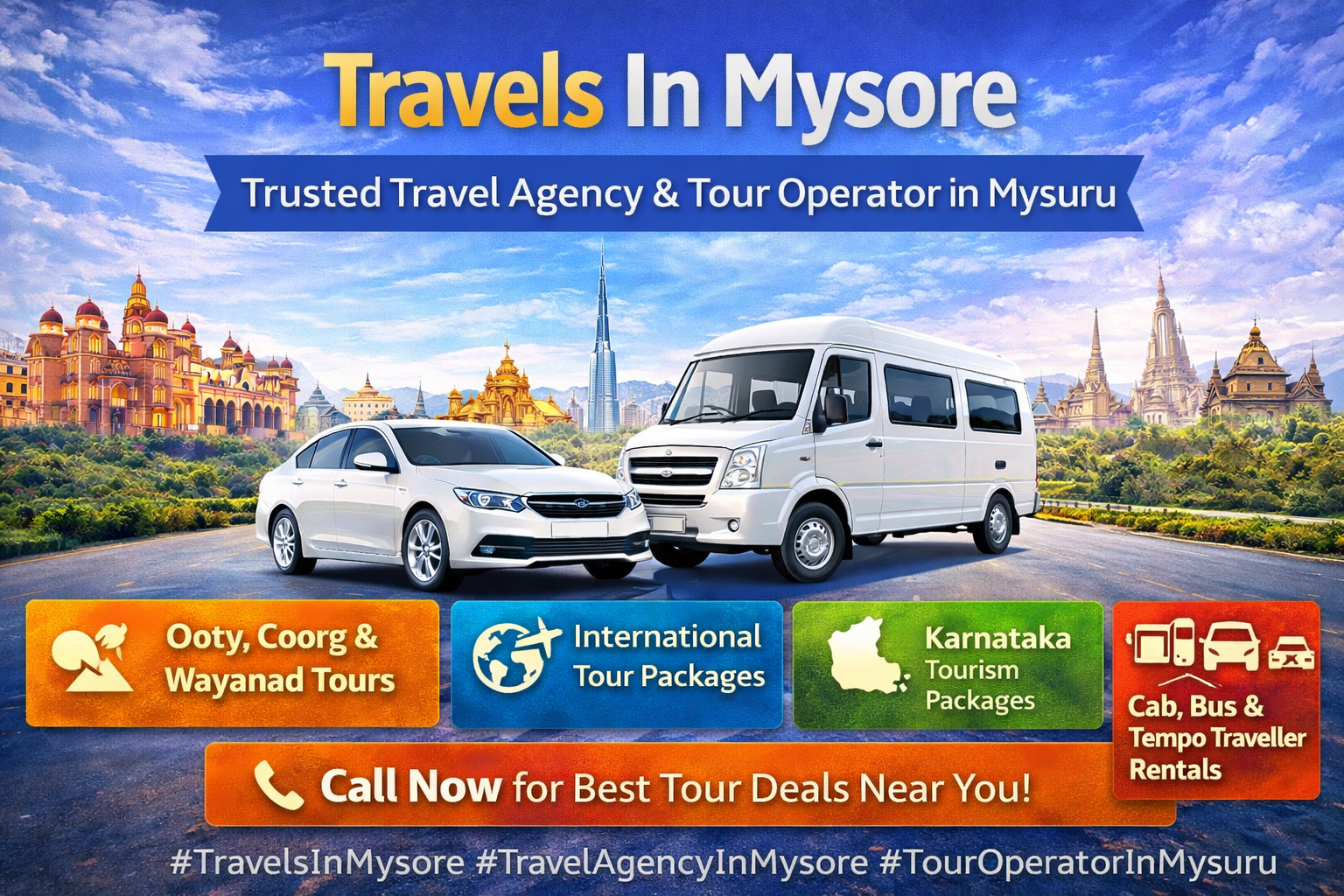Travels In Mysore trusted travel agency and tour operator in Mysuru offering Ooty tour packages, Coorg tours, Wayanad tour packages, international tours, cab rental, bus rental and tempo traveller rental services