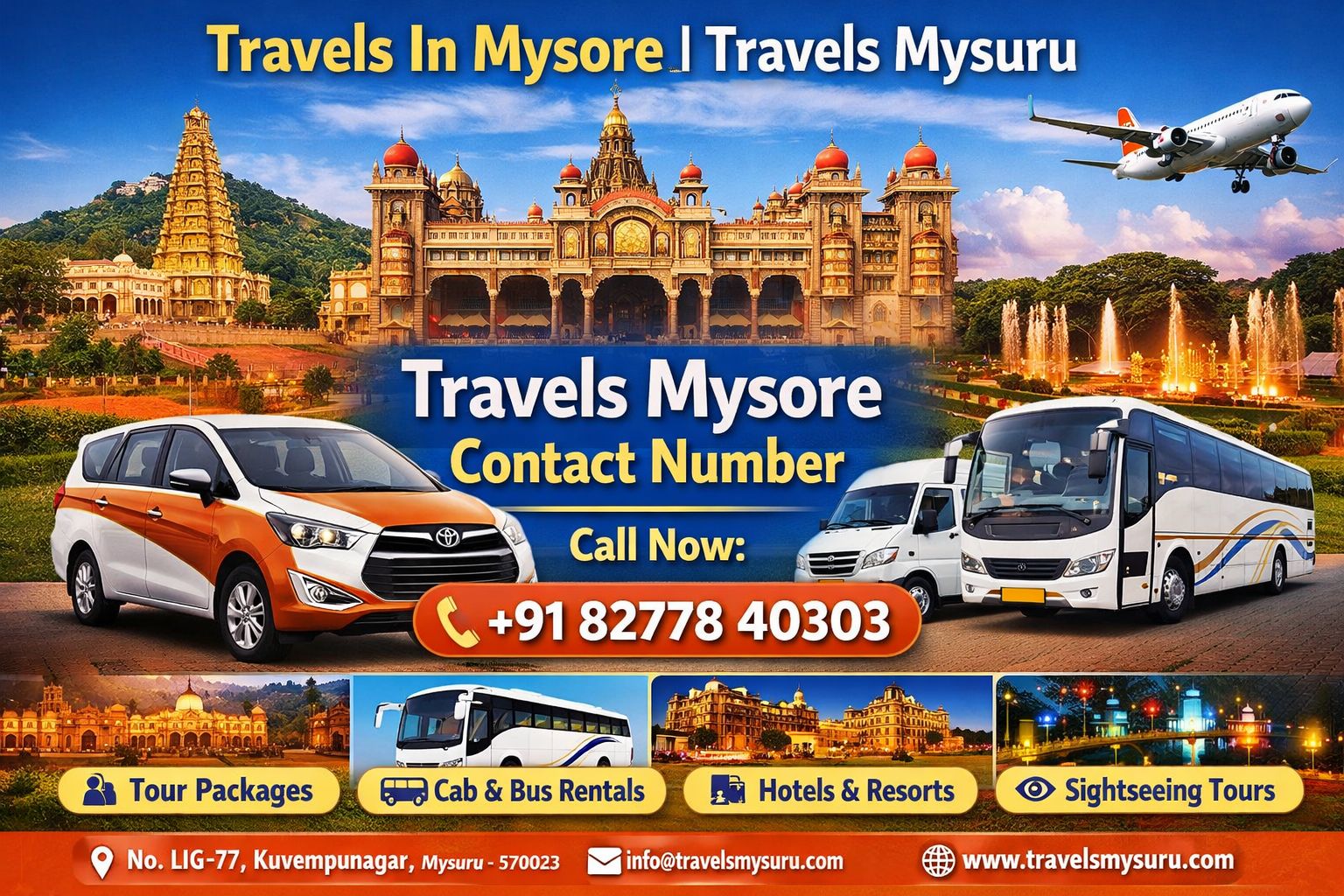 Travels Mysore contact number for tour packages, cab rental and sightseeing in Mysuru