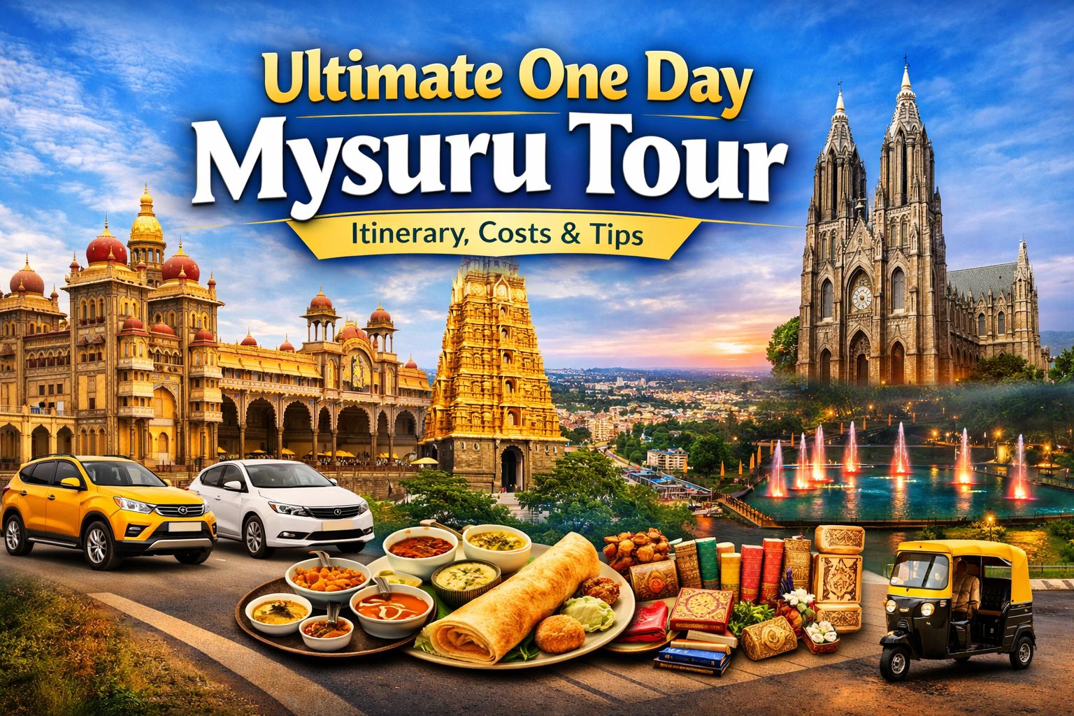Ultimate one day Mysuru tour itinerary covering Mysuru Palace, Chamundi Hills, St Philomena’s Church and Brindavan Gardens by Travels Mysuru