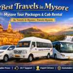 Best Travels in Mysore featured image showing Mysore Palace, Chamundi Hills, waterfalls and cab, tempo traveller and bus rental services by Travels In Mysore | Travels Mysuru.