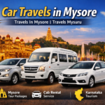 Car Travels in Mysore by Travels In Mysore | Travels Mysuru featuring Innova, Tempo Traveller and Sedan with Mysore Palace, Chamundi Hills and Brindavan Gardens in background