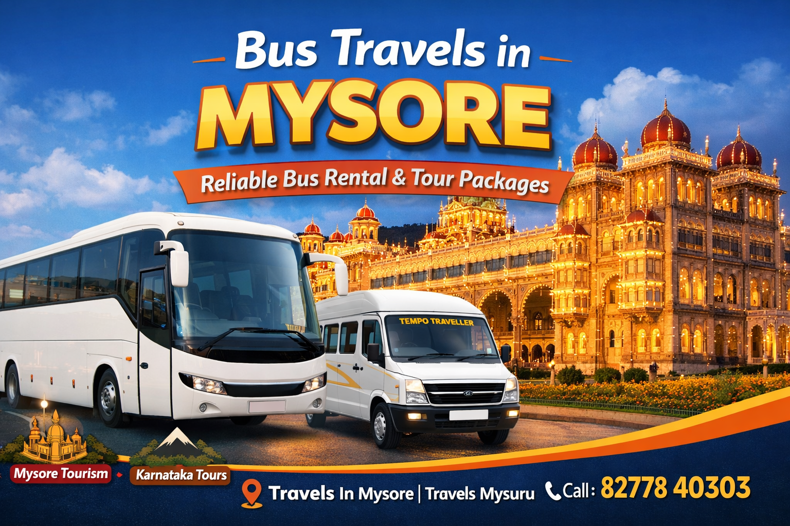 Bus Travels in Mysore by Travels Mysuru featuring luxury bus and tempo traveller in front of Mysore Palace for Karnataka tourism and group tour packages.