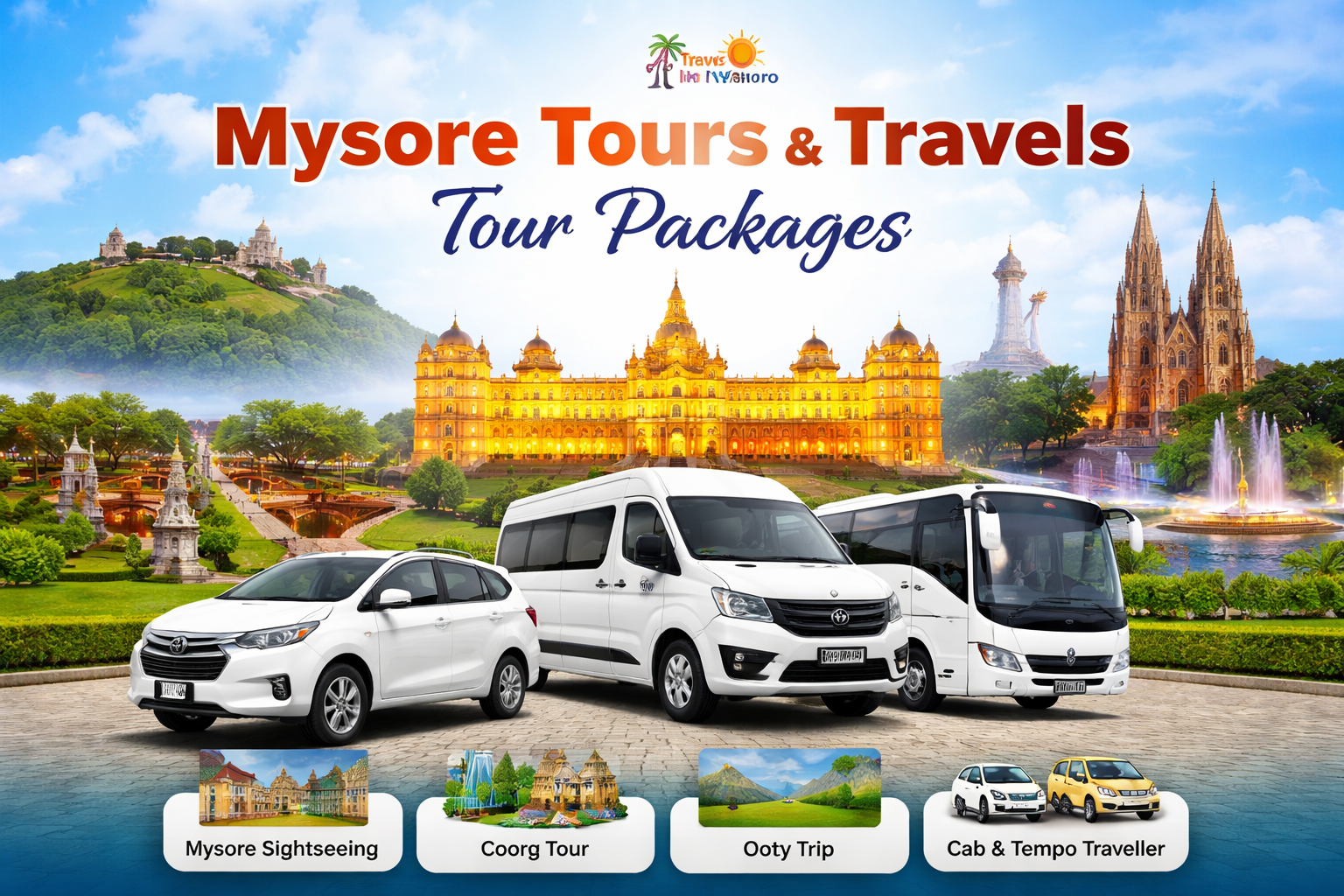 Mysore tours and travels tour packages by Travels Mysuru showing Mysore Palace, Chamundi Hills, Brindavan Gardens with cab rental, tempo traveller and bus travel services in Mysore