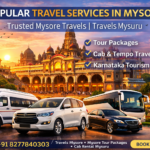 Popular travel services in Mysore featuring Mysore Palace, tour packages, cab rental, tempo traveller and Karnataka tourism by Travels Mysuru