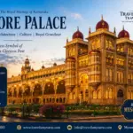 Mysore Palace illuminated at sunset showcasing its magnificent Indo-Saracenic architecture in Mysuru, Karnataka – Complete travel guide by Travels In Mysore | Travels Mysuru.
